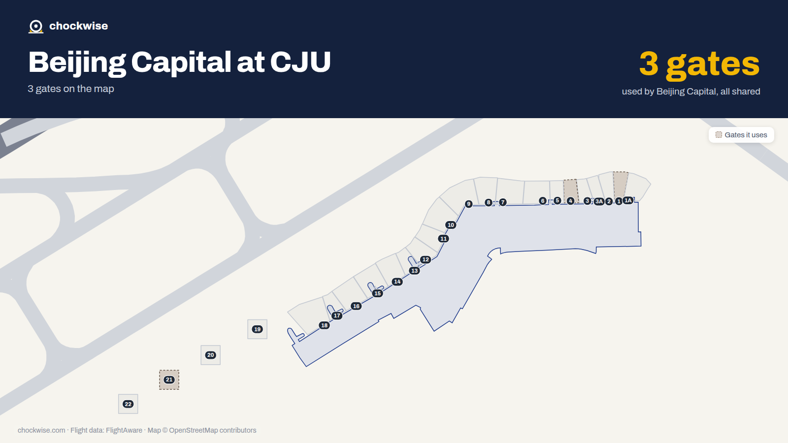 Map of CJU with the gates Beijing Capital Airlines uses highlighted: 1, 4 and 21.