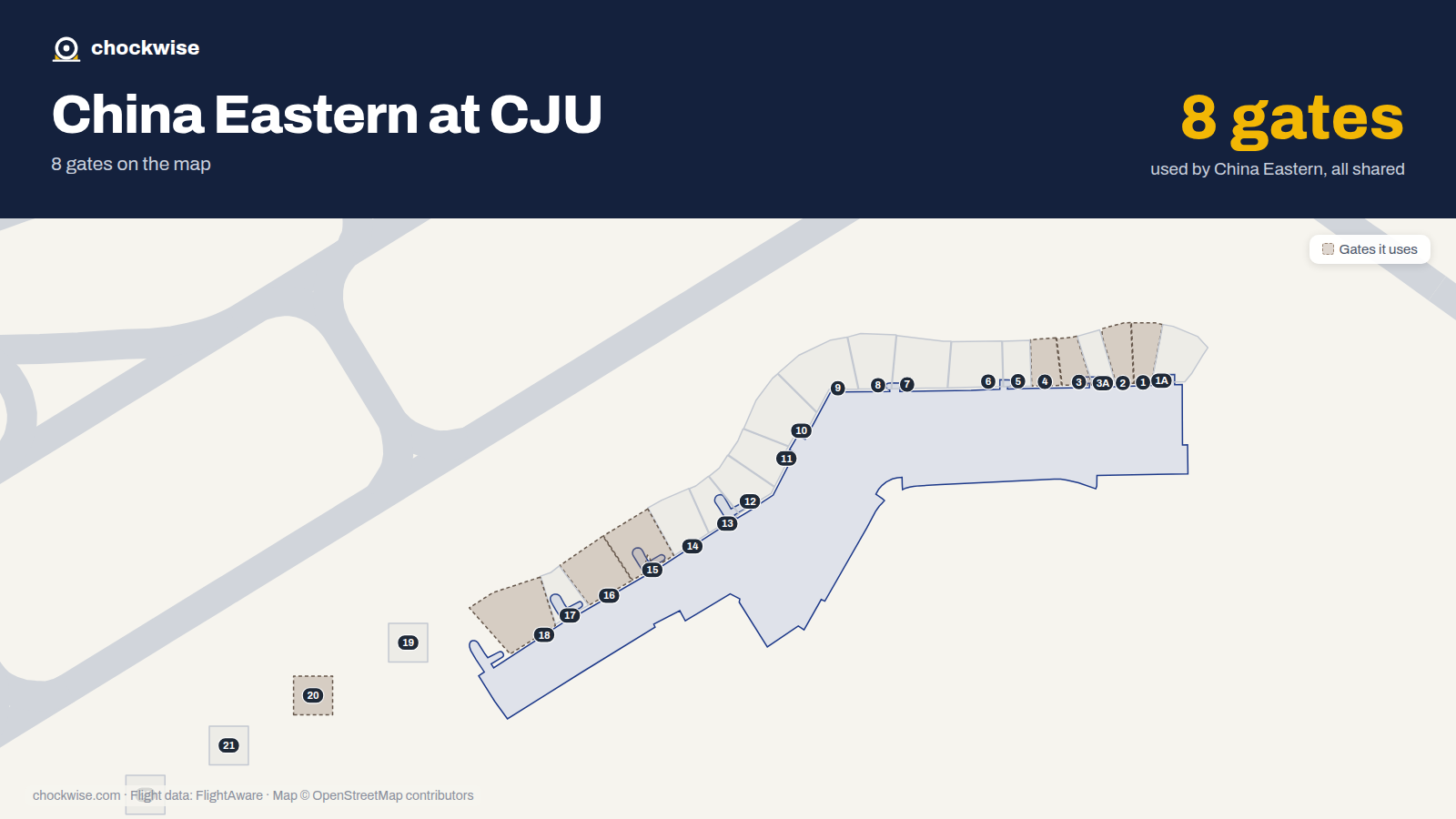 Map of CJU with the gates China Eastern uses highlighted: 1, 2, 3, 4, 15, 16, 18 and 20.