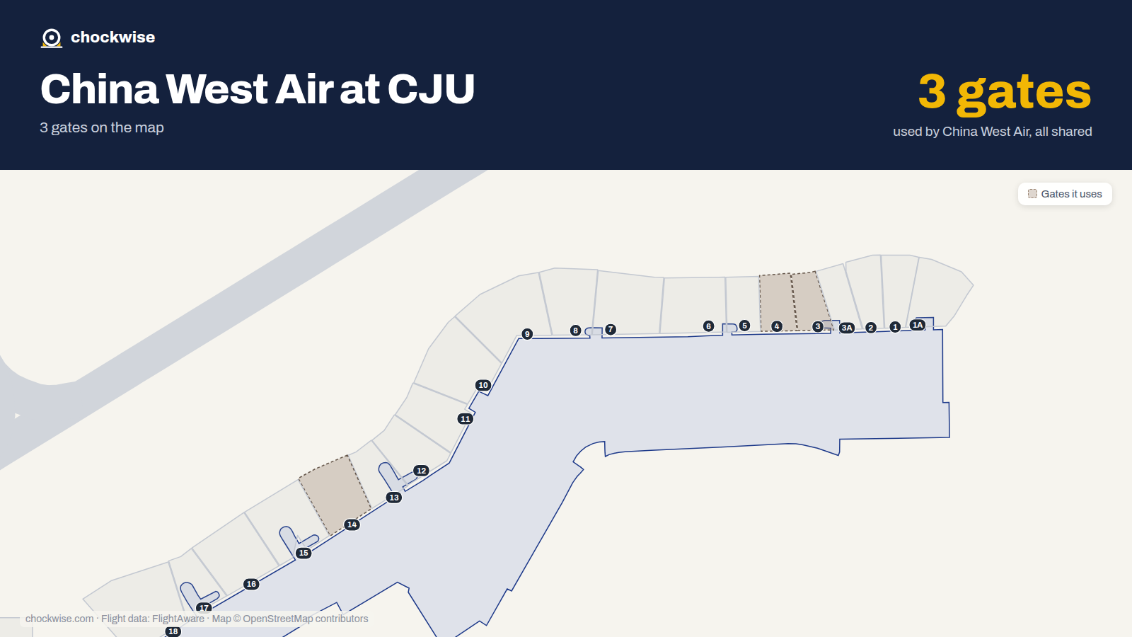 Map of CJU with the gates China West Air uses highlighted: 3, 4 and 14.