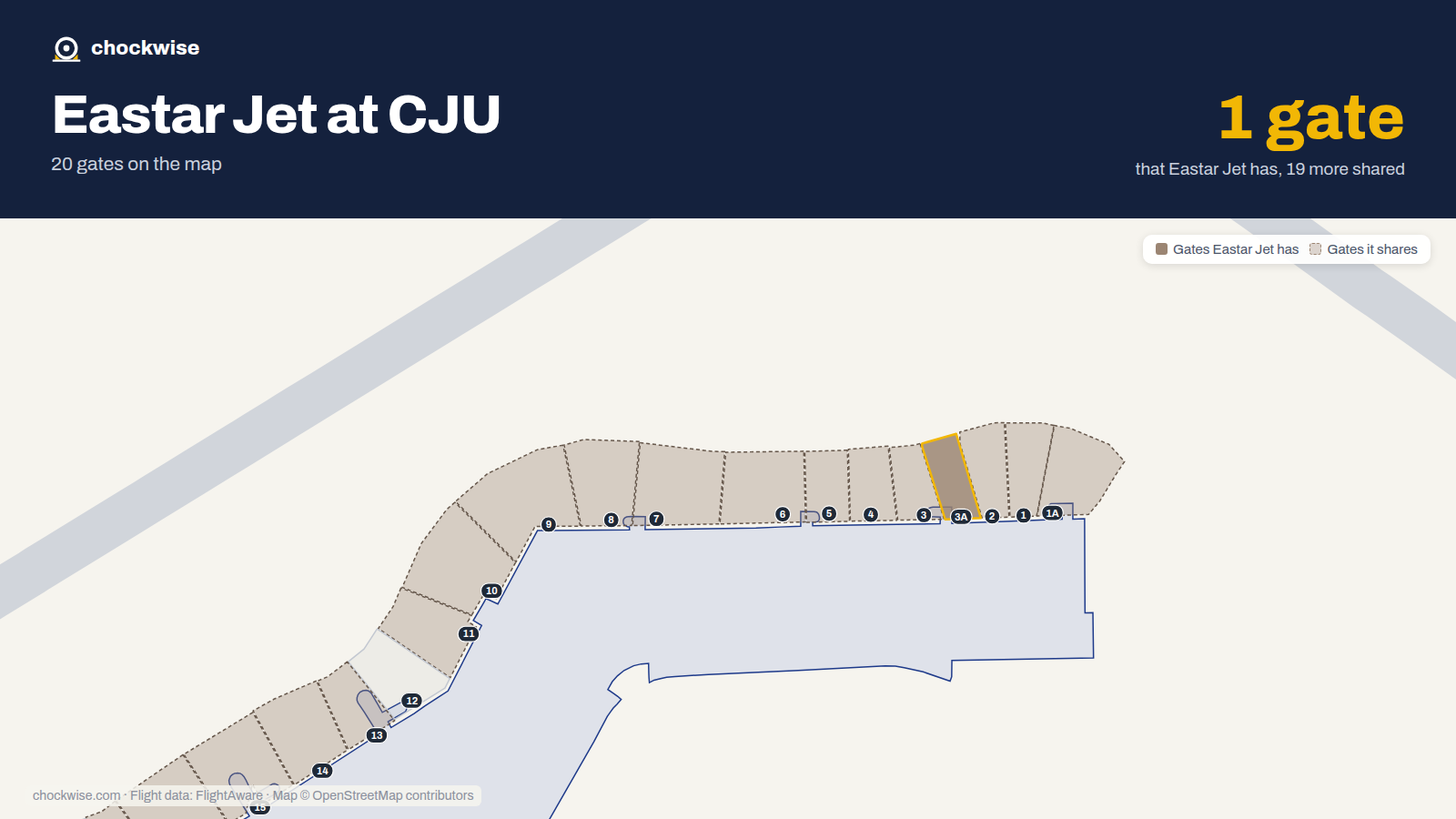 Map of CJU with the gates Eastar Jet uses highlighted: 3A.