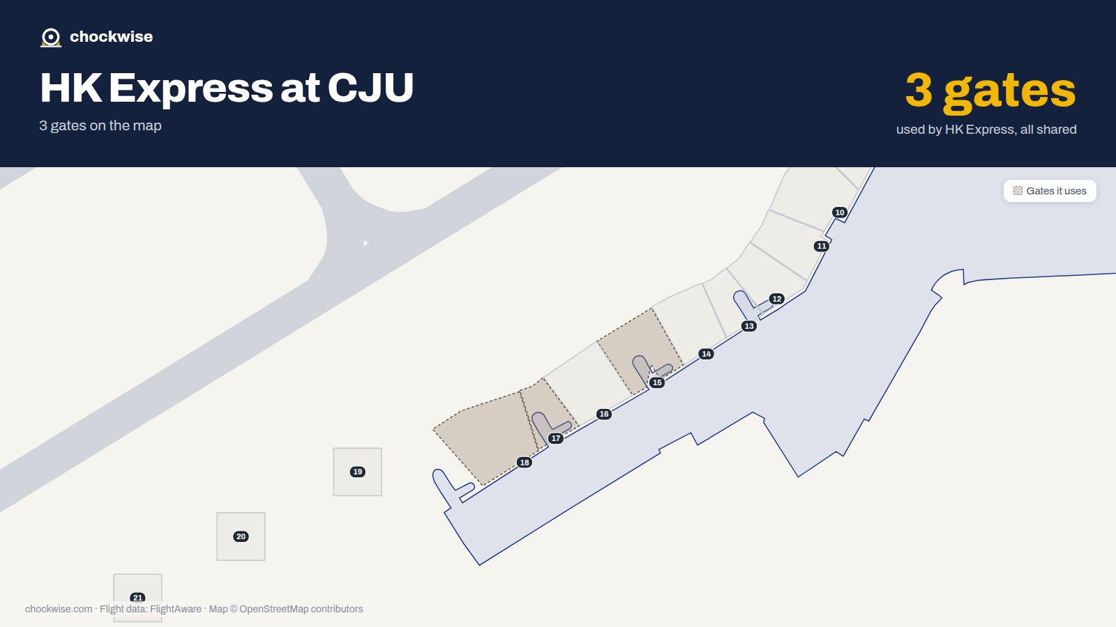 Map of CJU with the gates HK Express uses highlighted: 15, 17 and 18.