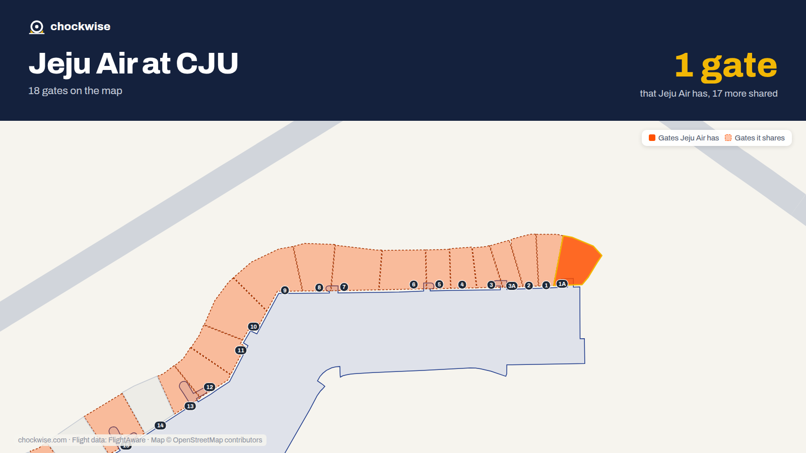 Map of CJU with the gates Jeju Air uses highlighted: 1A.