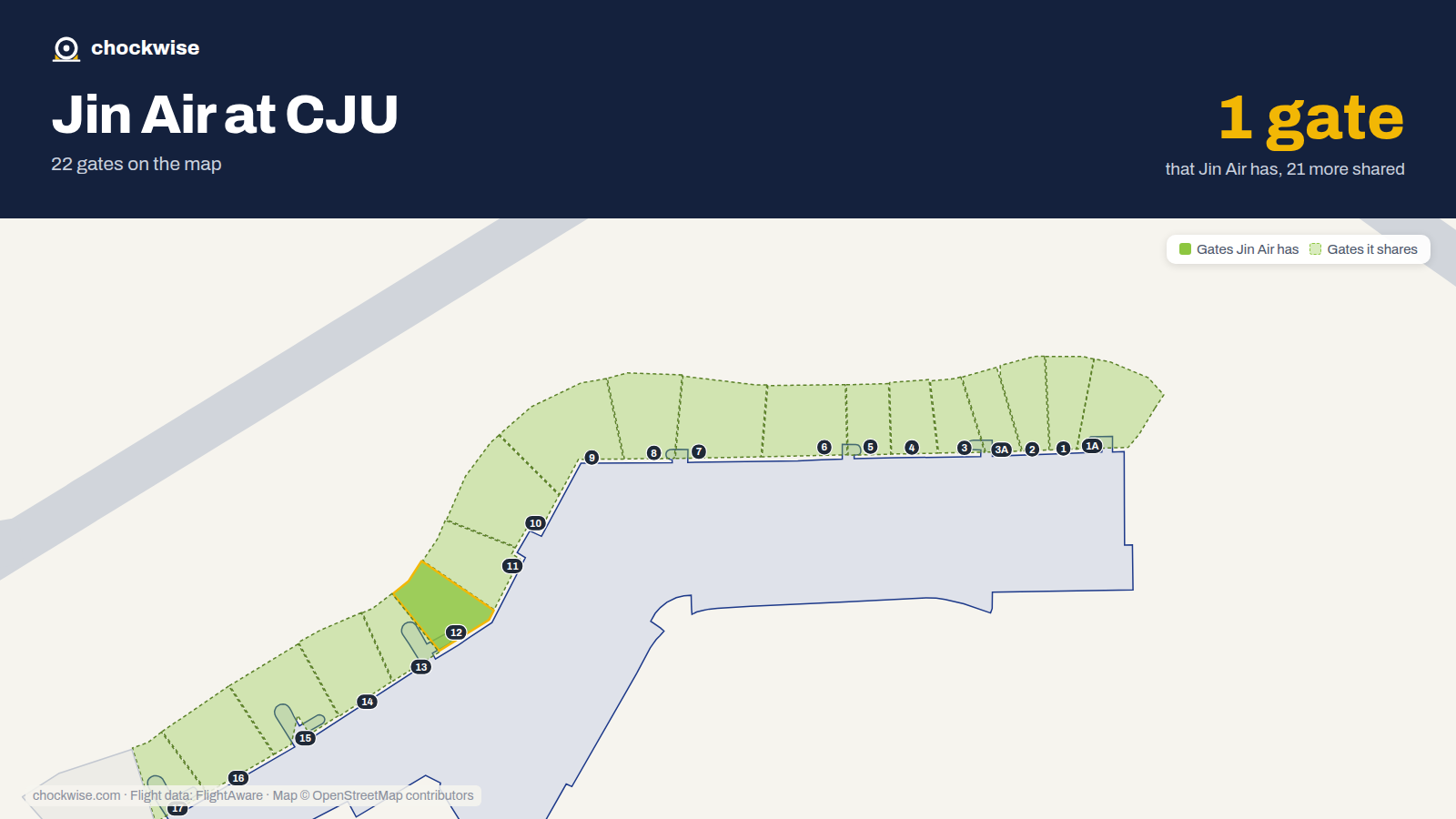 Map of CJU with the gates Jin Air uses highlighted: 12.
