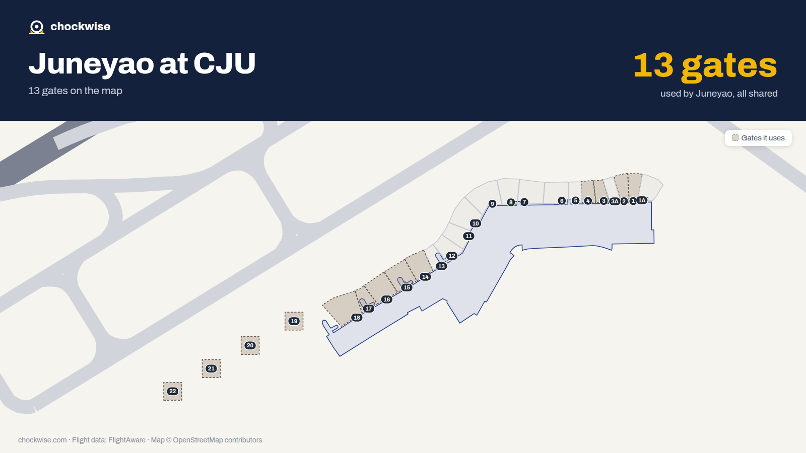 Map of CJU with the gates Juneyao Airlines uses highlighted: 1, 2, 3, 4, 14, 15, 16, 17 and 5 more.