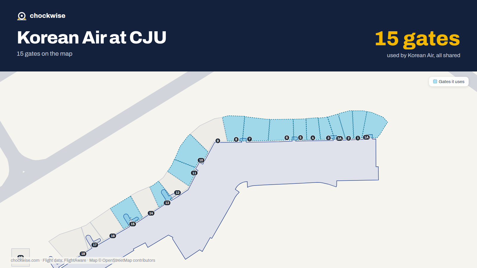 Map of CJU with the gates Korean Air uses highlighted: 1, 1A, 2, 3, 3A, 4, 5, 6 and 7 more.