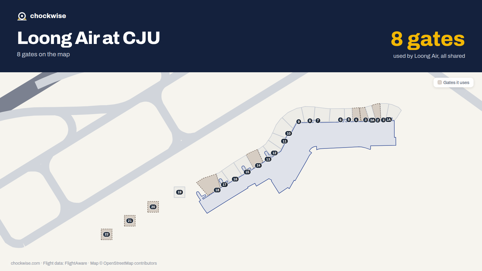 Map of CJU with the gates Loong Air uses highlighted: 2, 3, 4, 14, 18, 20, 21 and 22.