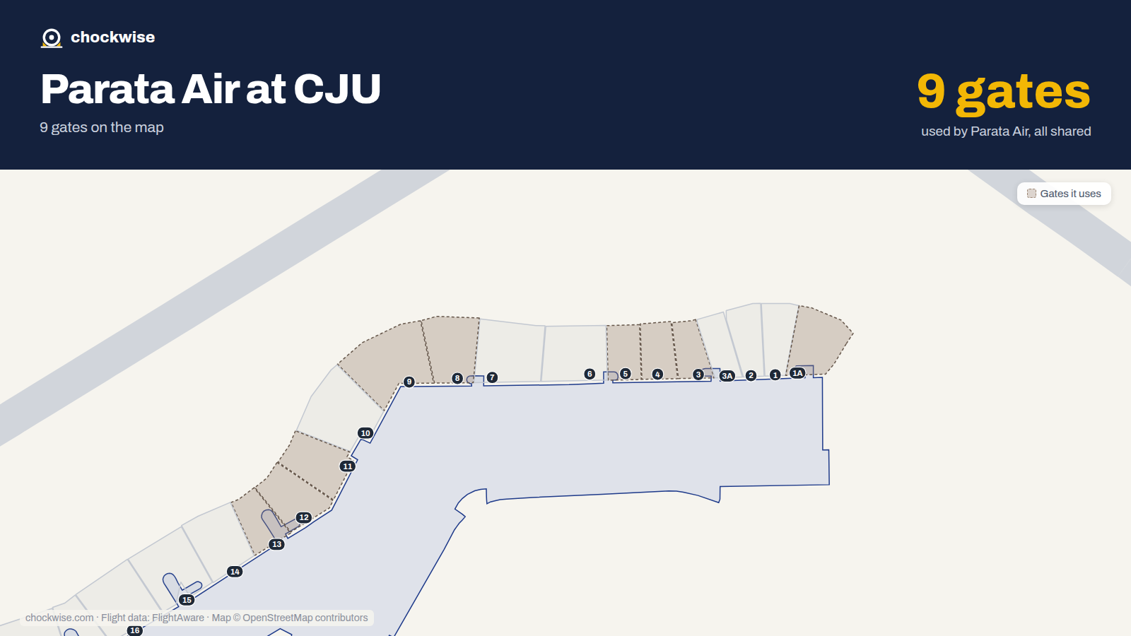 Map of CJU with the gates Parata Air uses highlighted: 1A, 3, 4, 5, 8, 9, 11, 12 and 1 more.