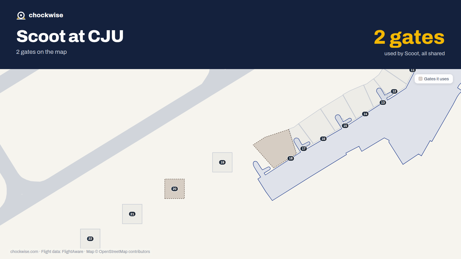 Map of CJU with the gates Scoot uses highlighted: 18 and 20.