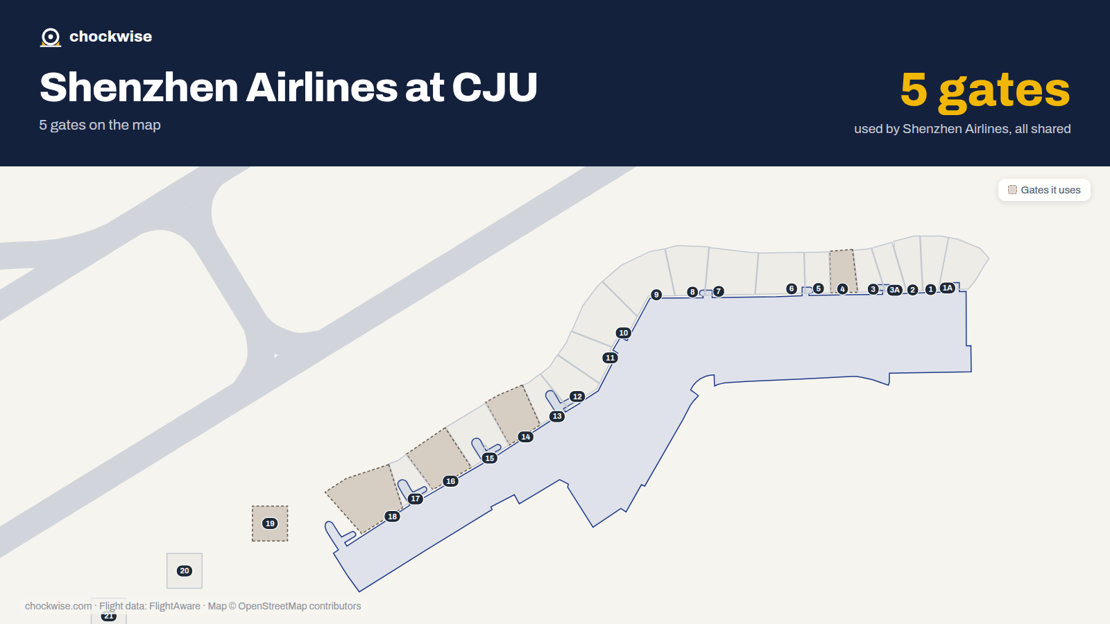 Map of CJU with the gates Shenzhen Airlines uses highlighted: 4, 14, 16, 18 and 19.