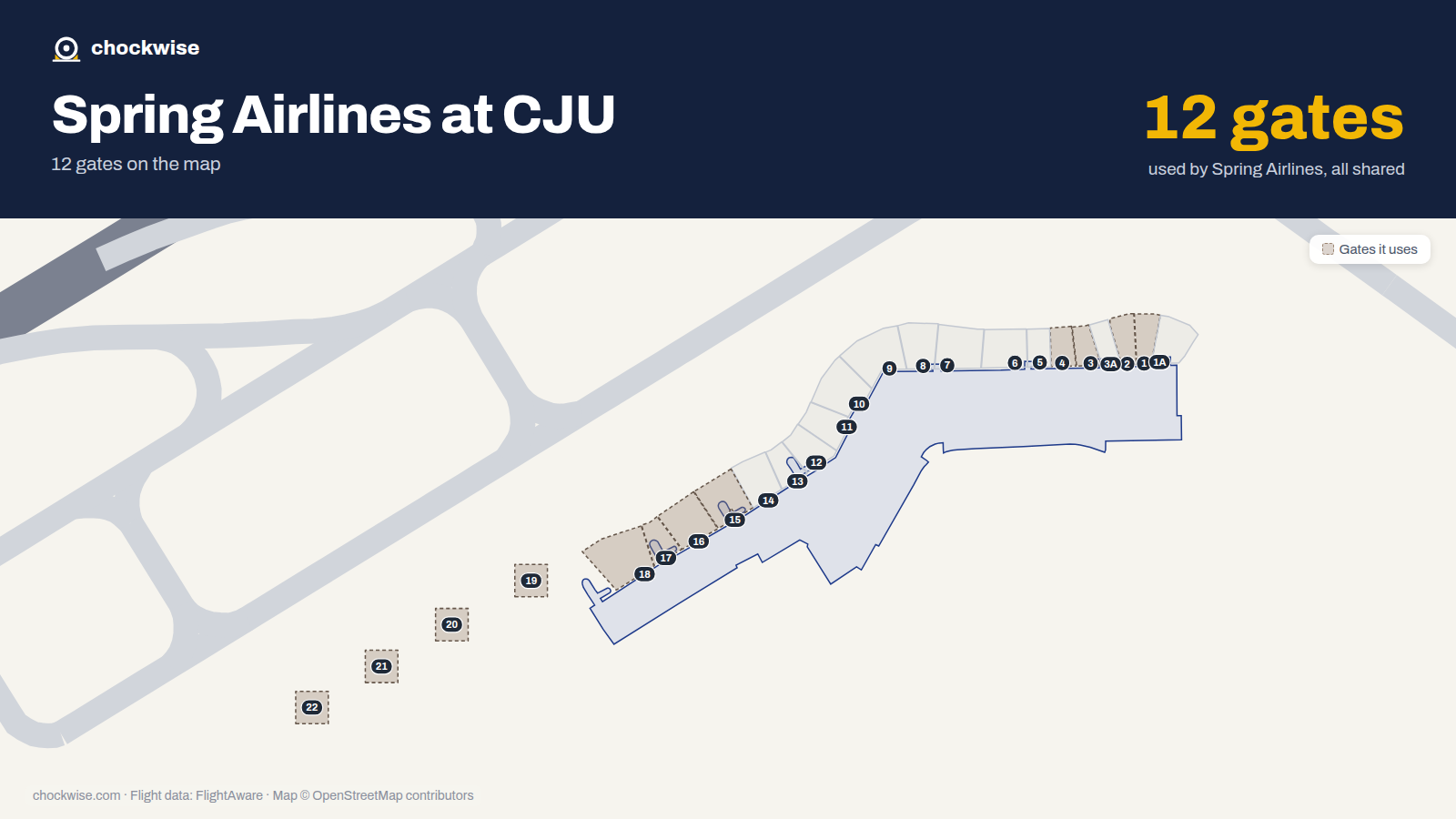 Map of CJU with the gates Spring Airlines uses highlighted: 1, 2, 3, 4, 15, 16, 17, 18 and 4 more.