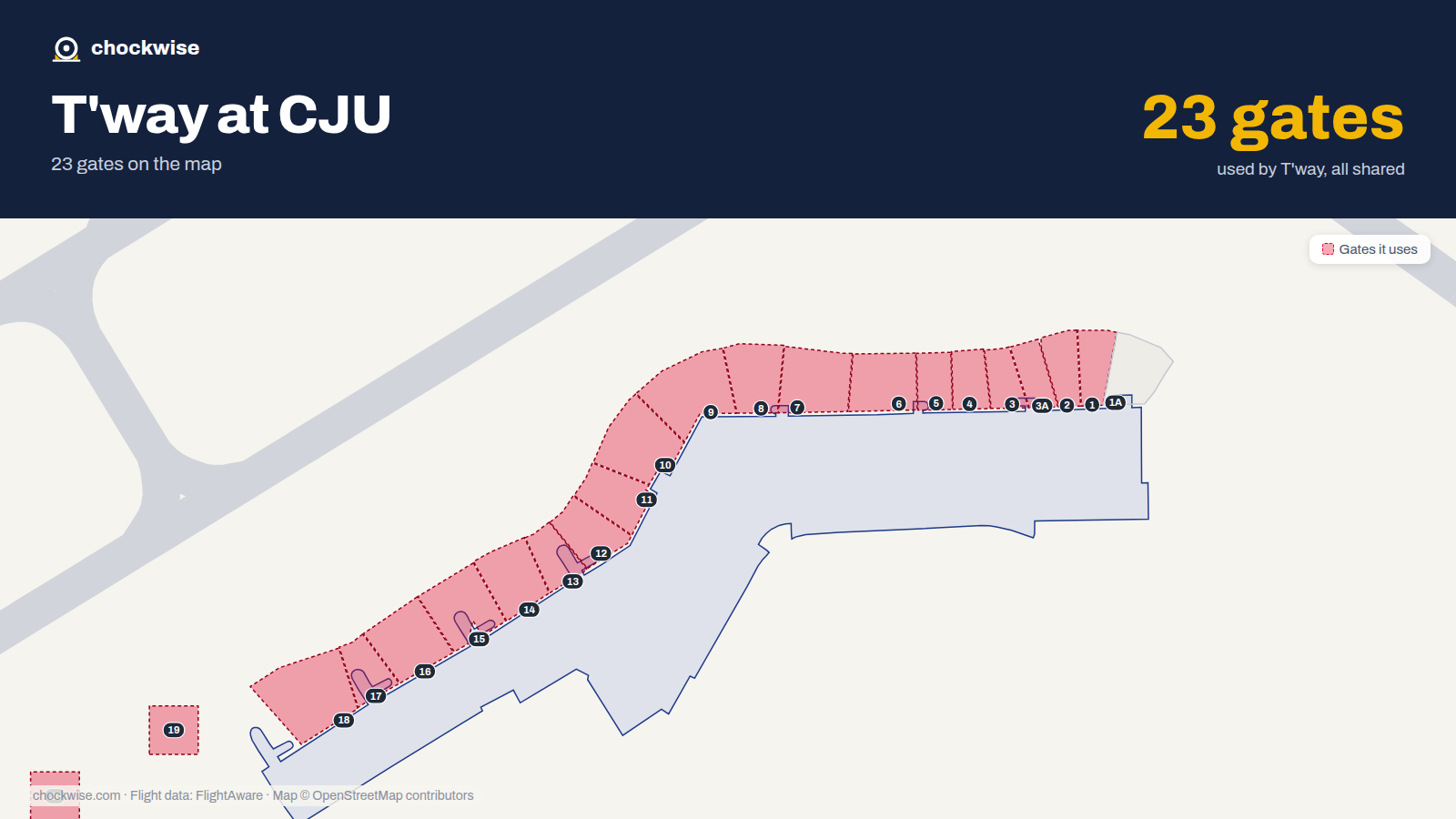 Map of CJU with the gates T'way Air uses highlighted: 1, 2, 3, 3A, 4, 5, 6, 7 and 15 more.