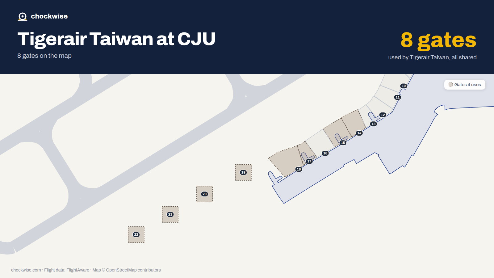 Map of CJU with the gates Tigerair Taiwan uses highlighted: 14, 15, 17, 18, 19, 20, 21 and 22.