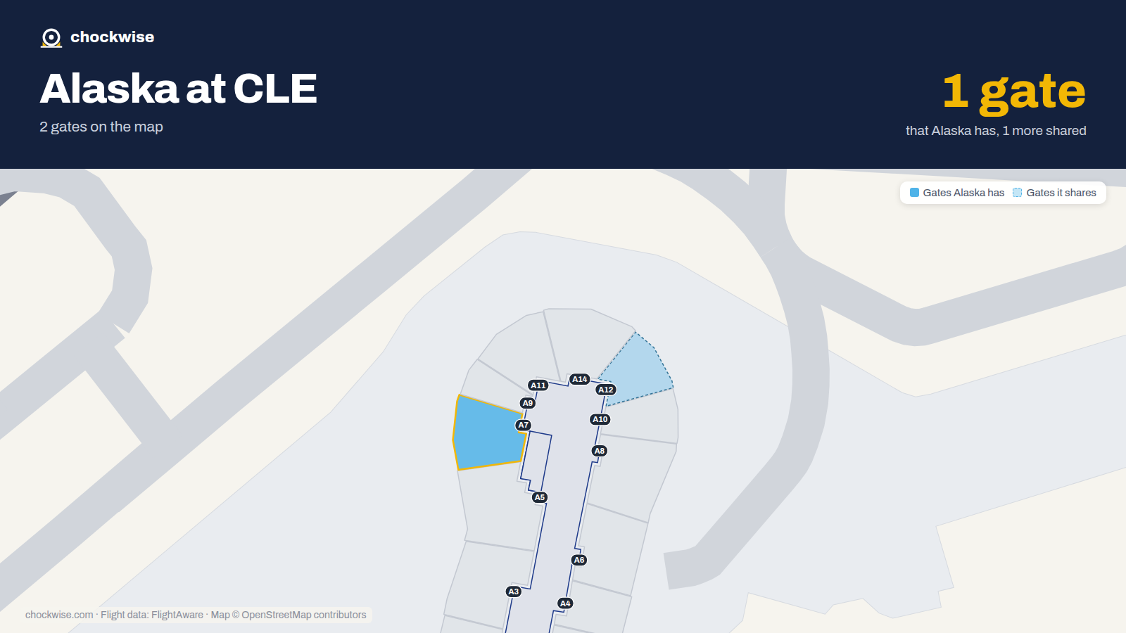 Map of CLE with the gates Alaska Airlines uses highlighted: A7.