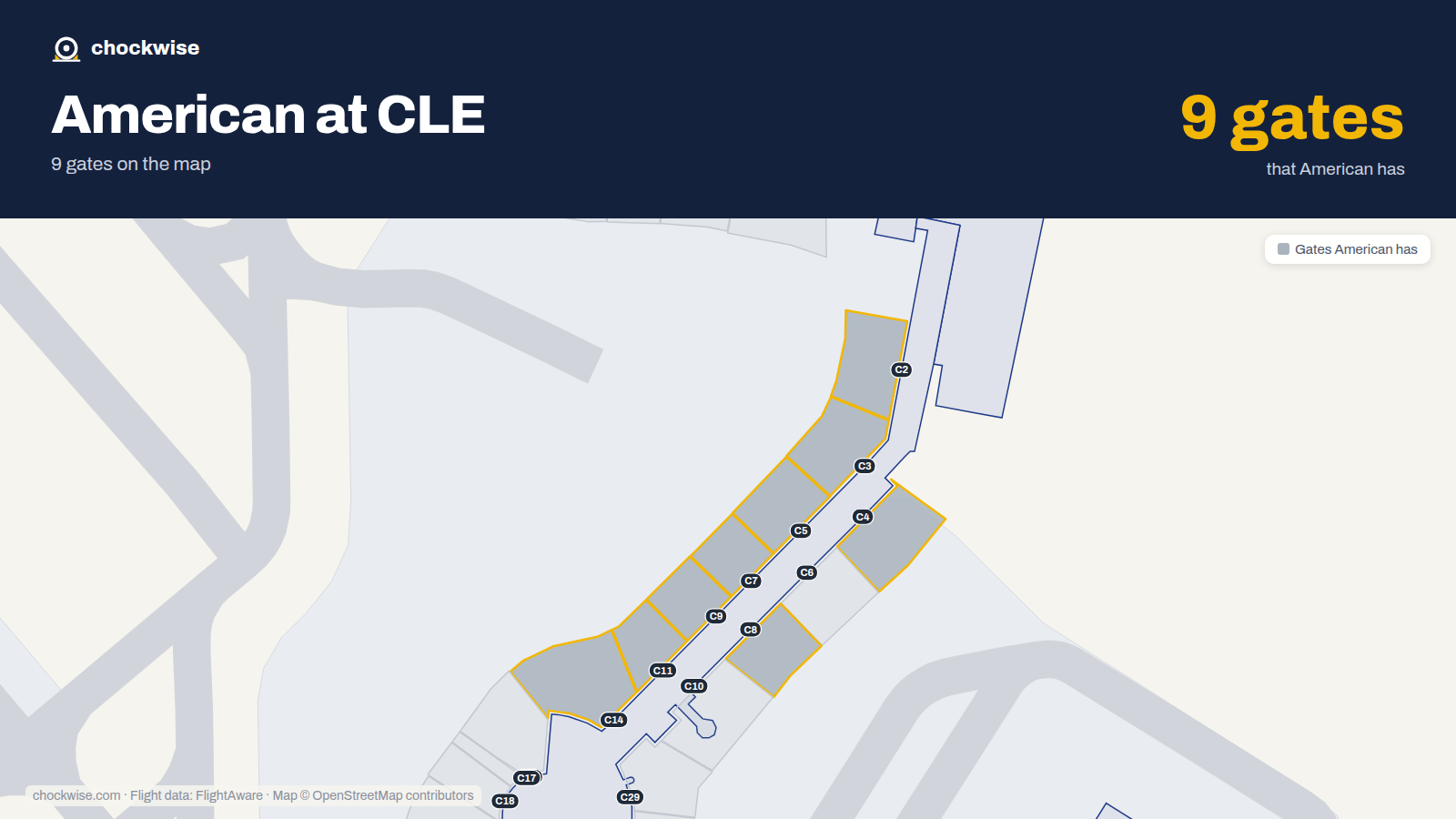 Map of CLE with the gates American Airlines uses highlighted: C2, C3, C4, C5, C7, C8, C9, C11 and 1 more.