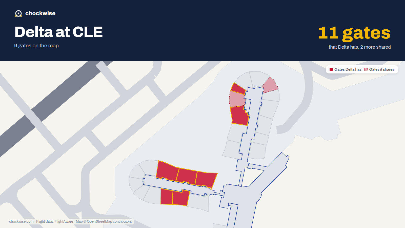 Map of CLE with the gates Delta Air Lines uses highlighted: B2, B3, B4, A5, B5, B6 and A9.
