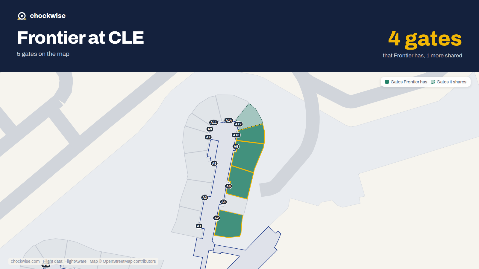 Map of CLE with the gates Frontier Airlines uses highlighted: A2, A6, A8 and A10.