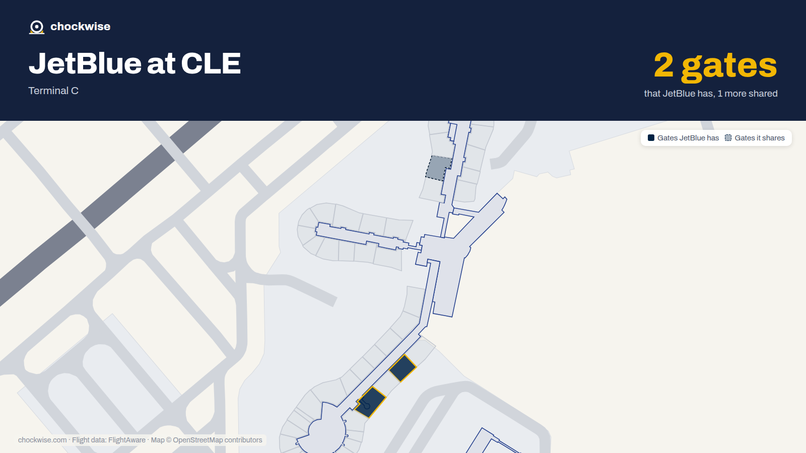 Map of CLE with the gates JetBlue uses highlighted: C6 and C10.