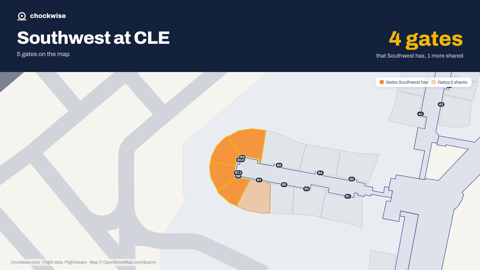 Map of CLE with the gates Southwest Airlines uses highlighted: B8, B9, B10 and B11.