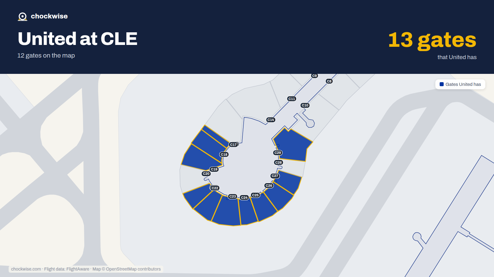 Map of CLE with the gates United Airlines uses highlighted: A11, C17, C18, C19, C21, C22, C23, C24 and 4 more.