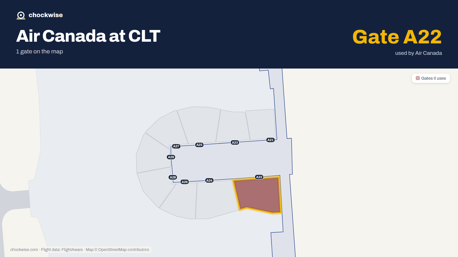 Map of CLT with the gates Air Canada uses highlighted: A22.