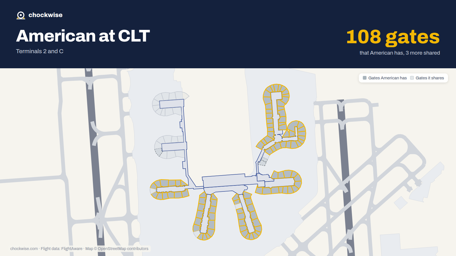 Map of CLT with the gates American Airlines uses highlighted: A1, B1, D1, A2, B2, C2, D2, A3 and 90 more.