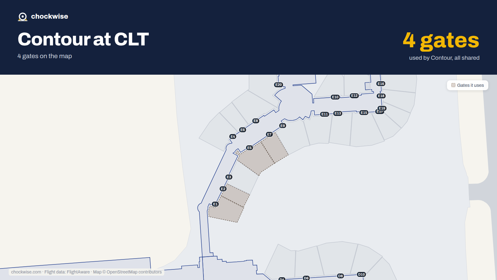 Map of CLT with the gates Contour Airlines uses highlighted: E1, E2, E5, E5A and E7.