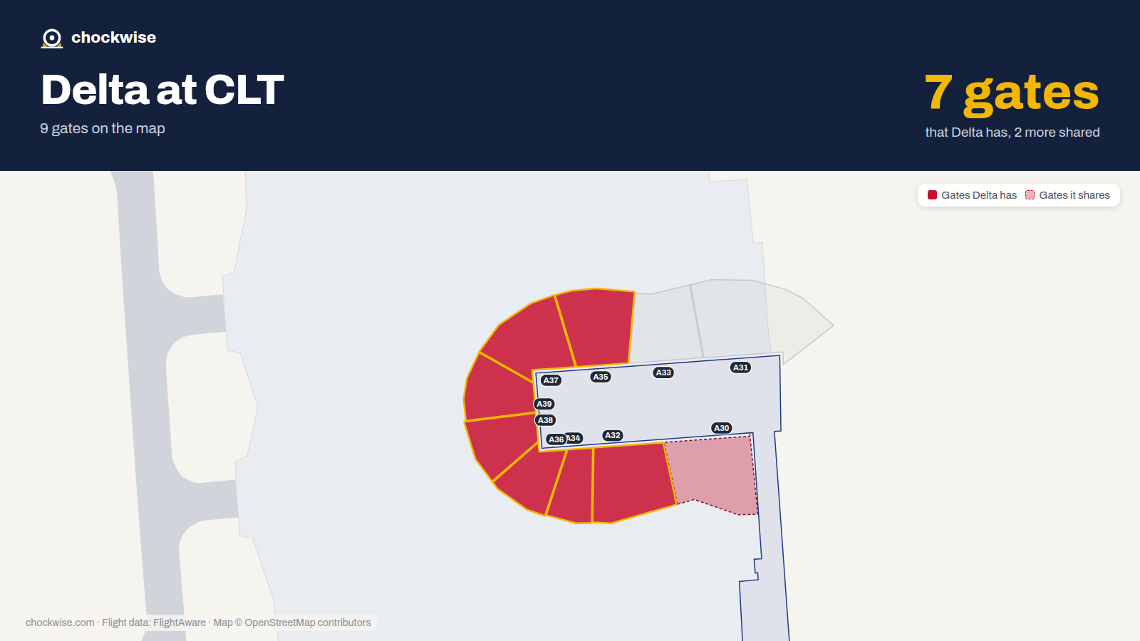 Map of CLT with the gates Delta Air Lines uses highlighted: A32, A34, A35, A36, A37, A38 and A39.