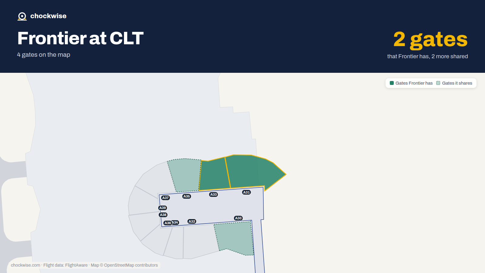 Map of CLT with the gates Frontier Airlines uses highlighted: A31 and A33.