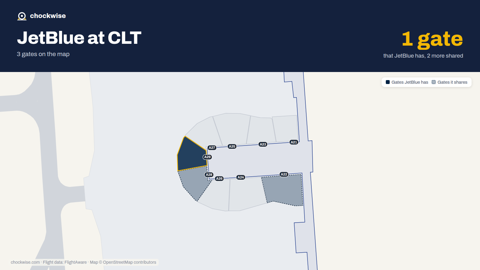 Map of CLT with the gates JetBlue uses highlighted: A29.