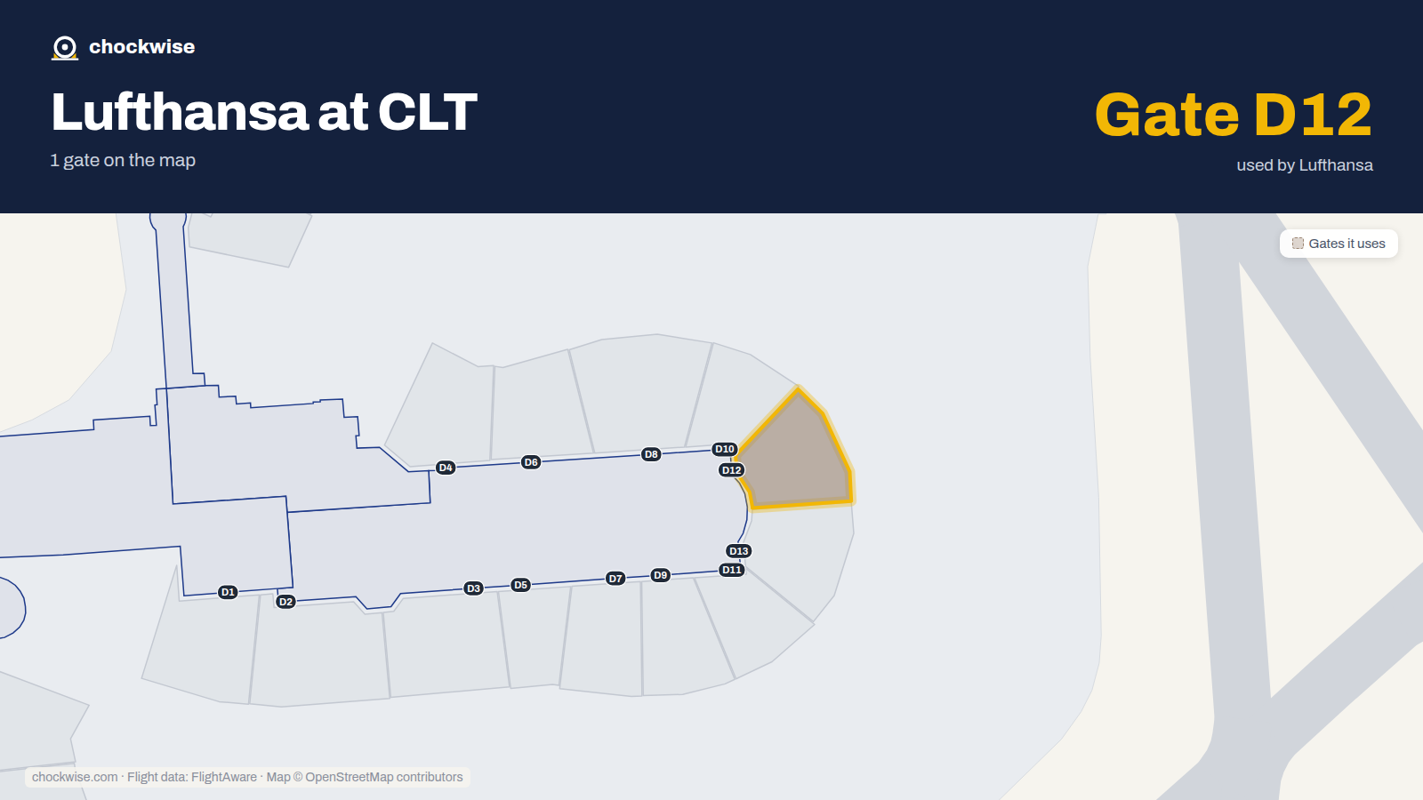 Map of CLT with the gates Lufthansa uses highlighted: D12.