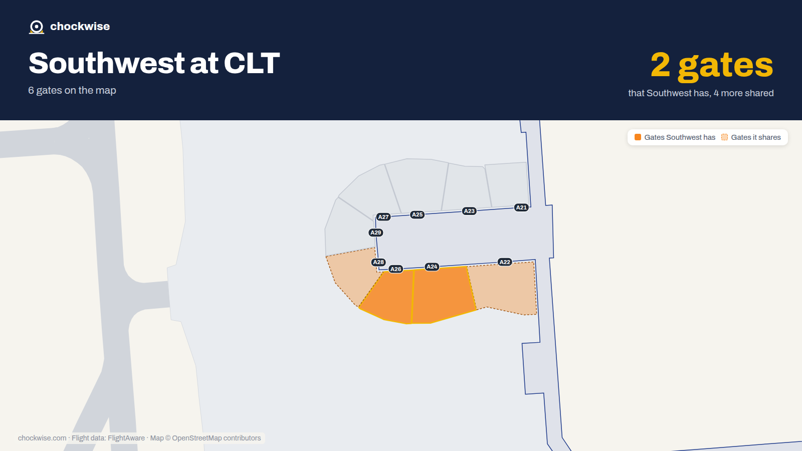 Map of CLT with the gates Southwest Airlines uses highlighted: A24 and A26.