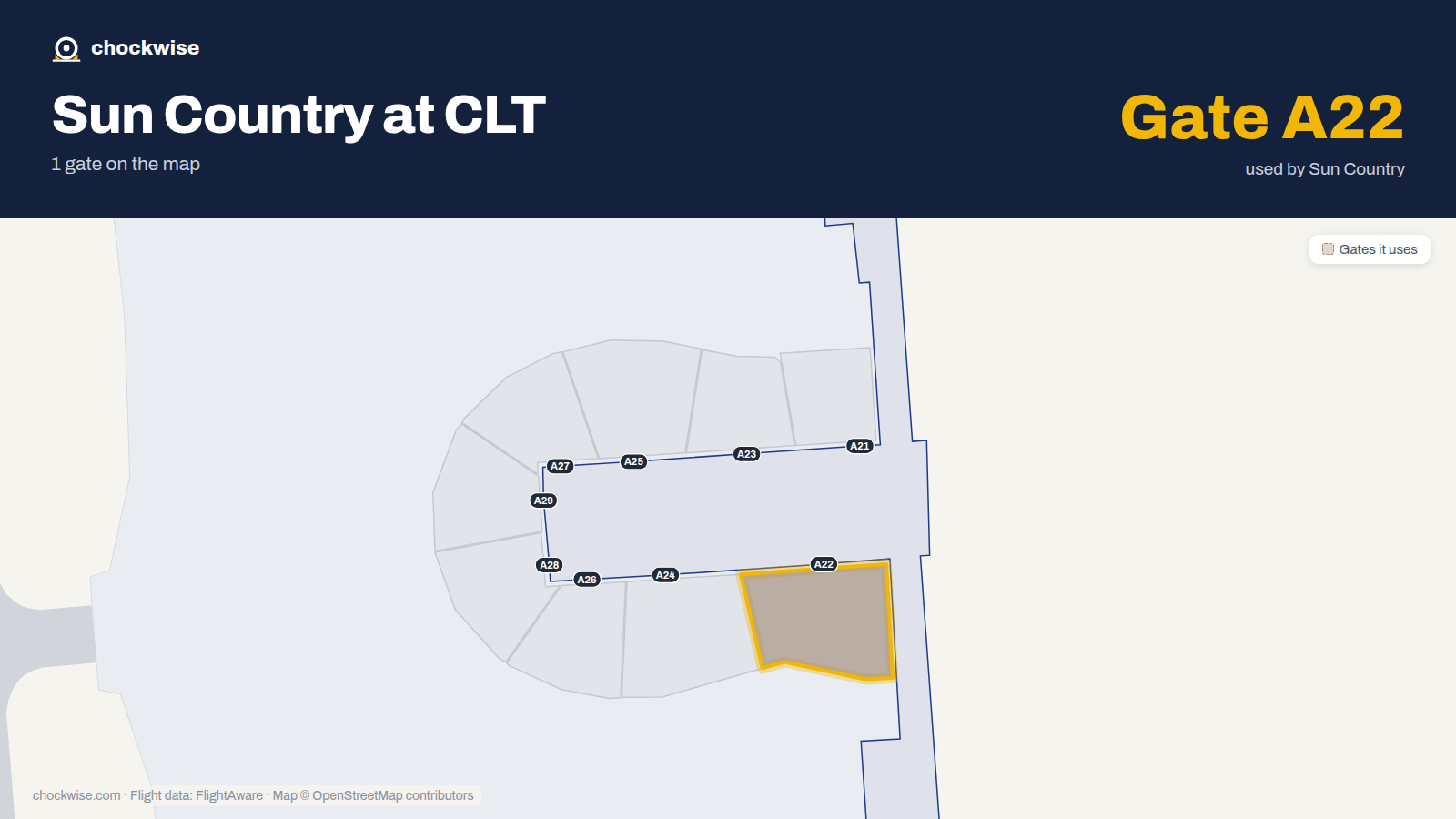 Map of CLT with the gates Sun Country Airlines uses highlighted: A22.