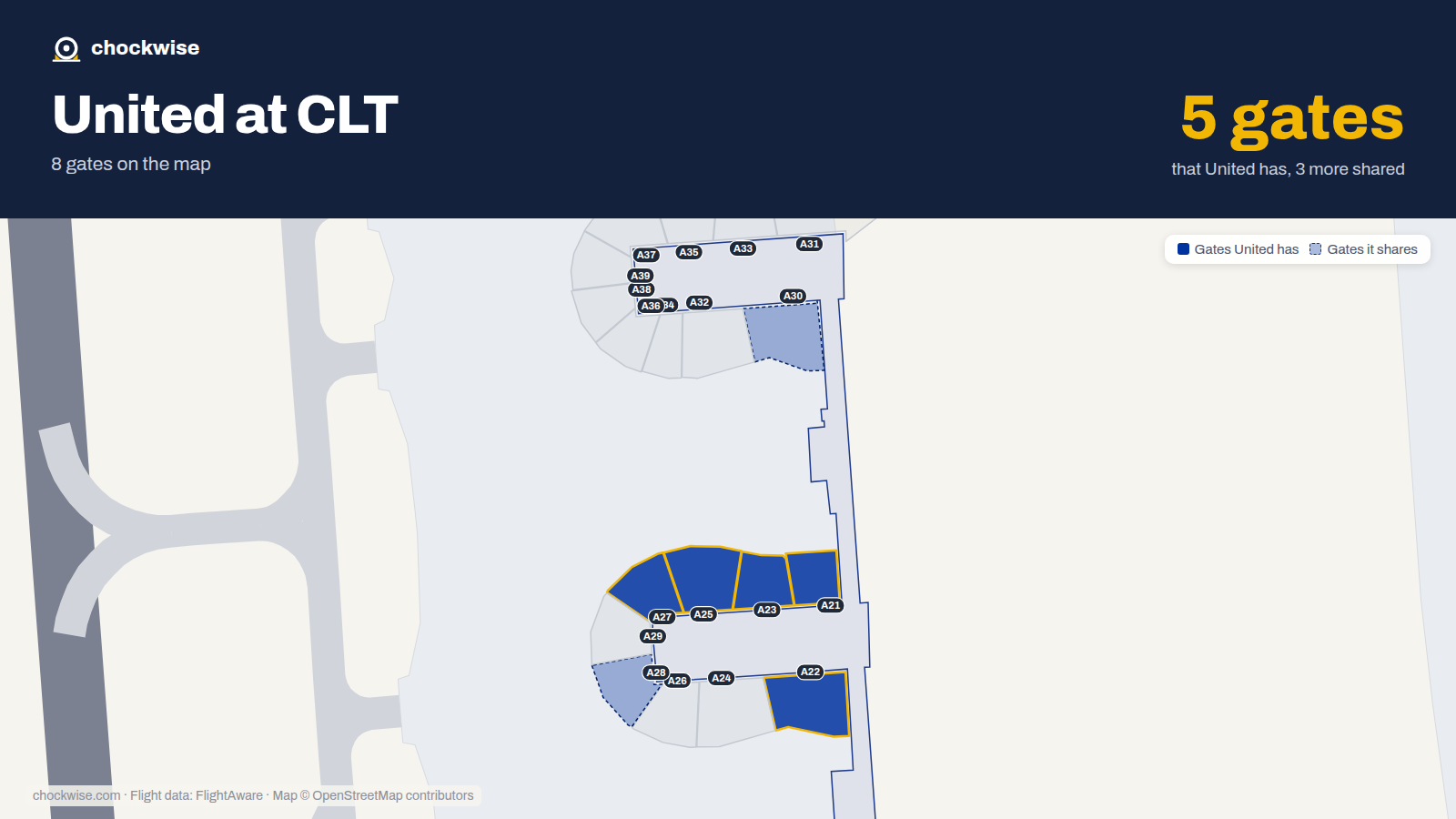 Map of CLT with the gates United Airlines uses highlighted: A21, A22, A23, A25 and A27.