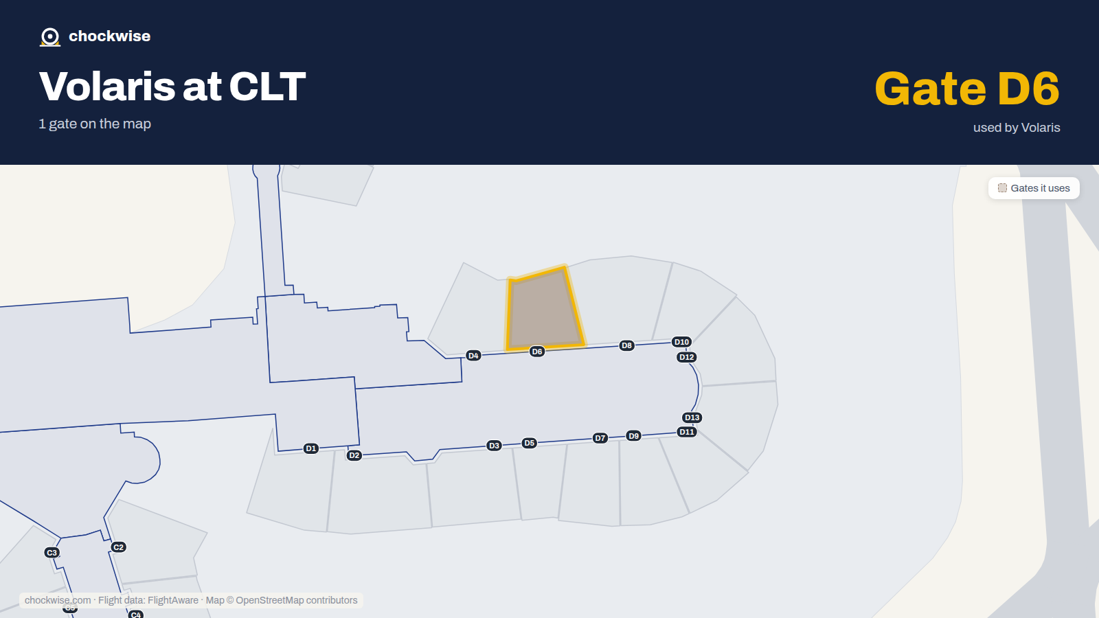Map of CLT with the gates Volaris uses highlighted: D6.