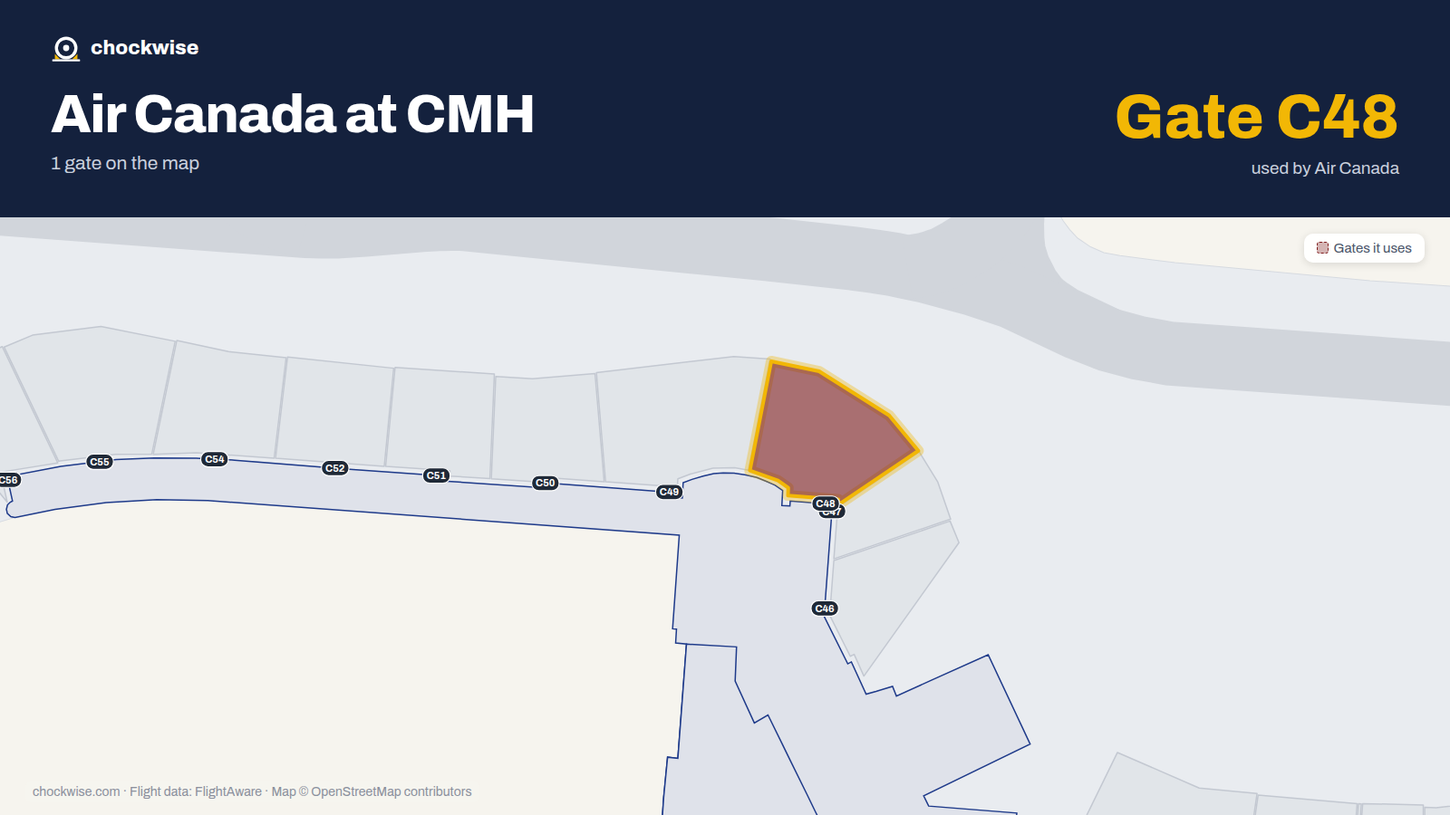 Map of CMH with the gates Air Canada uses highlighted: C48.