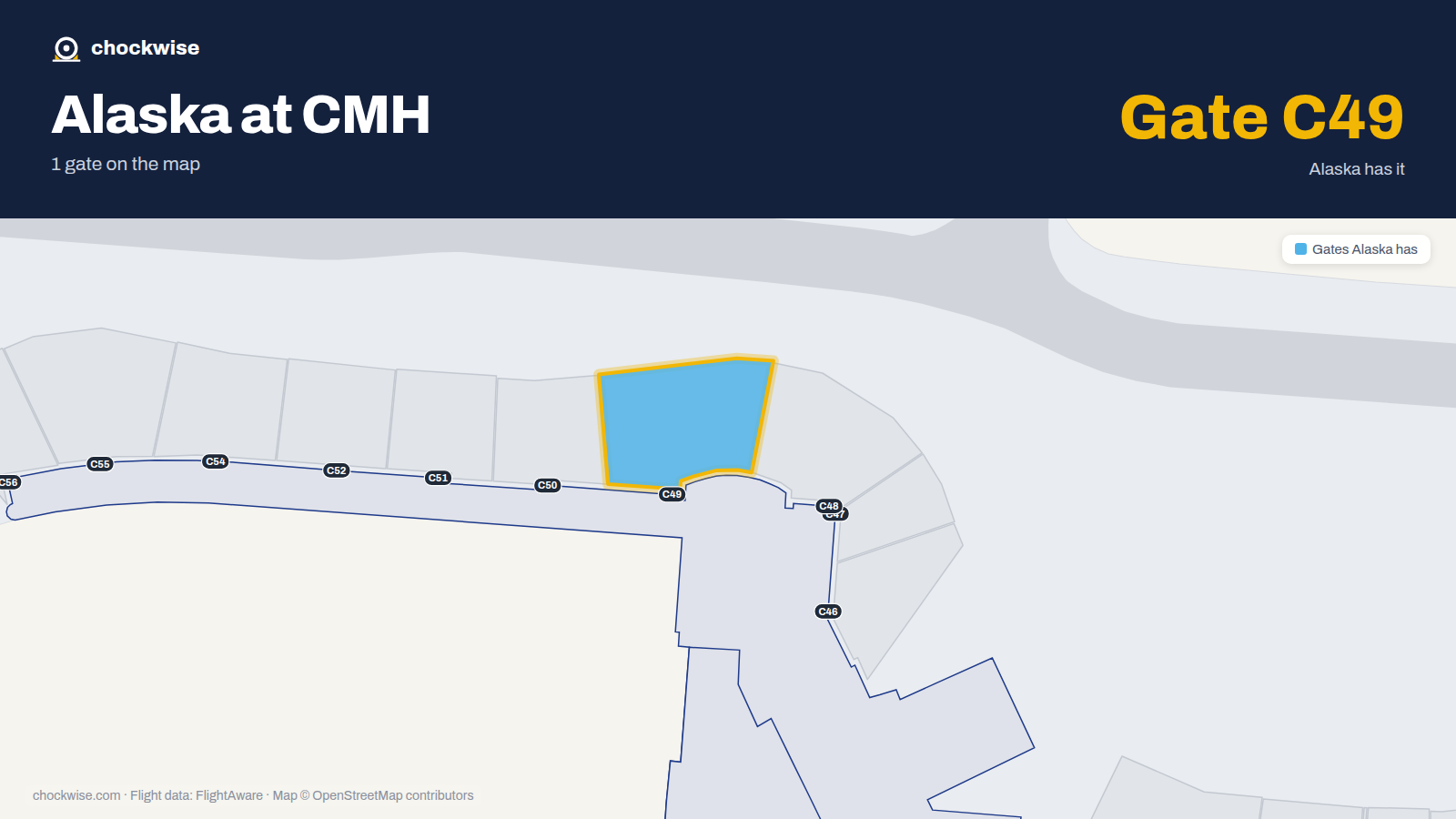 Map of CMH with the gates Alaska Airlines uses highlighted: C49.