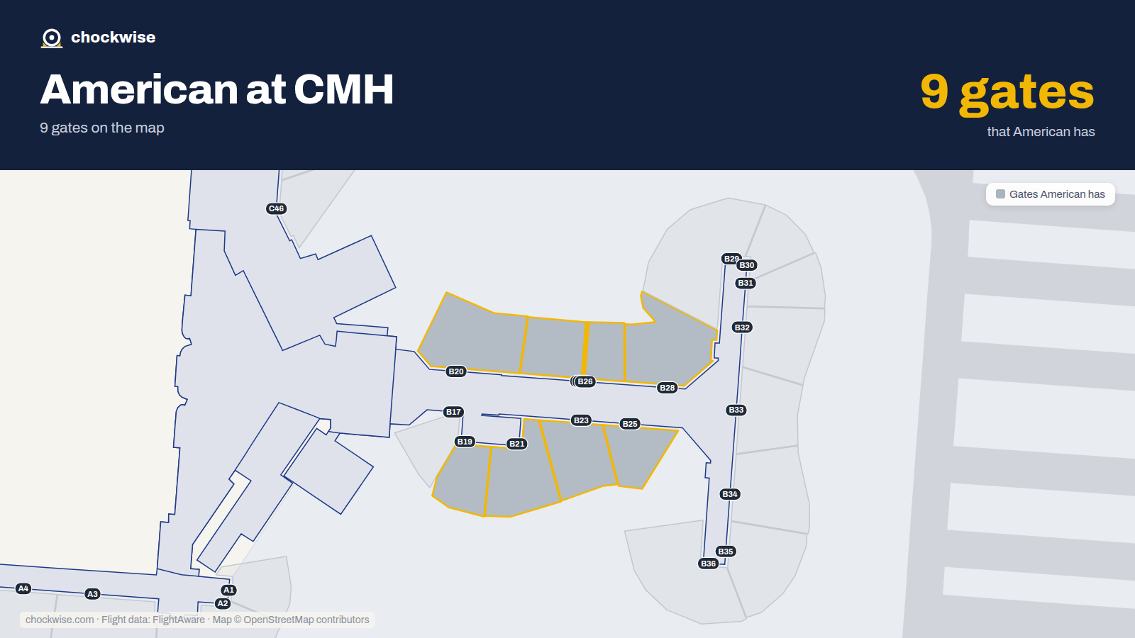 Map of CMH with the gates American Airlines uses highlighted: B19, B20, B21, B22, B23, B24, B25, B26 and 1 more.