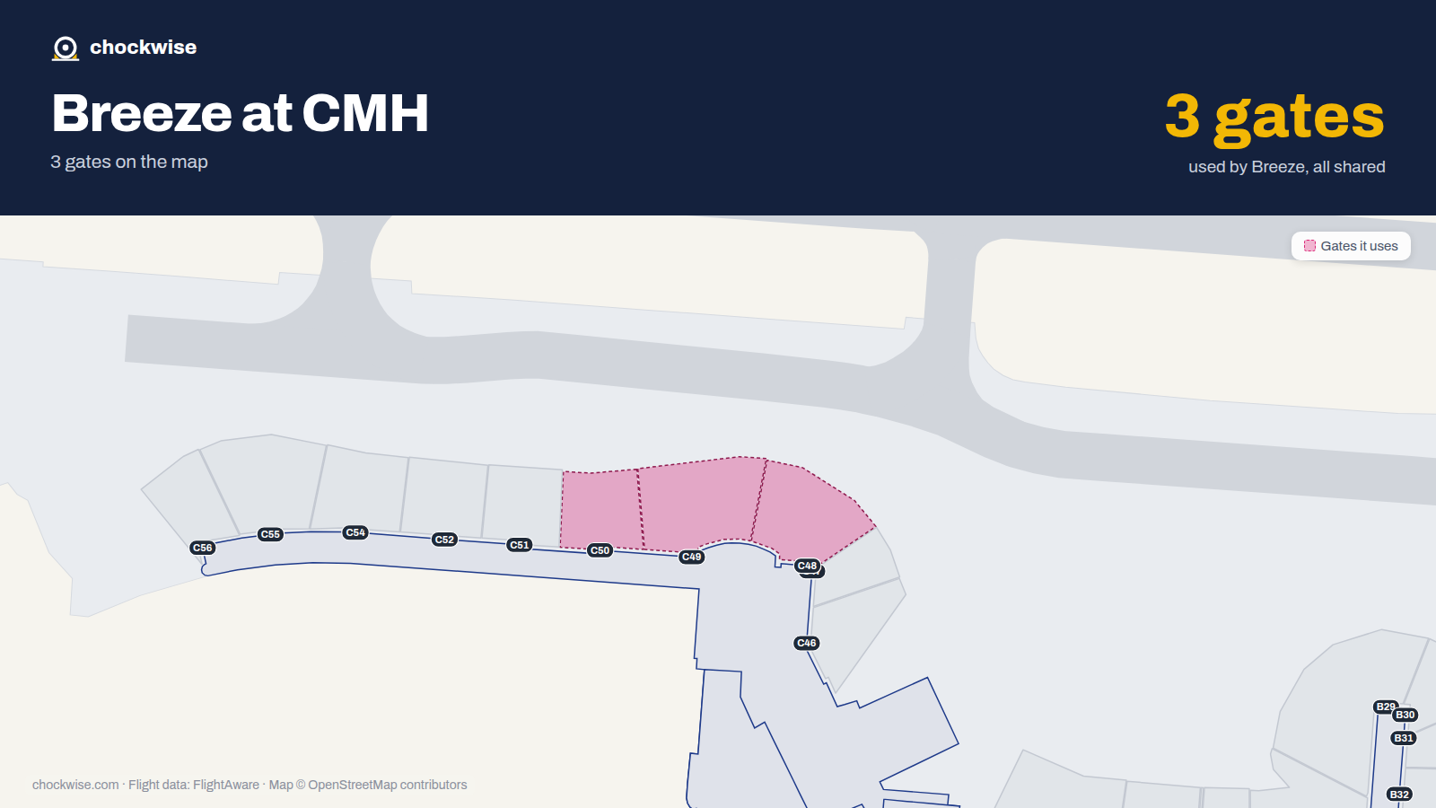 Map of CMH with the gates Breeze Airways uses highlighted: C48, C49 and C50.