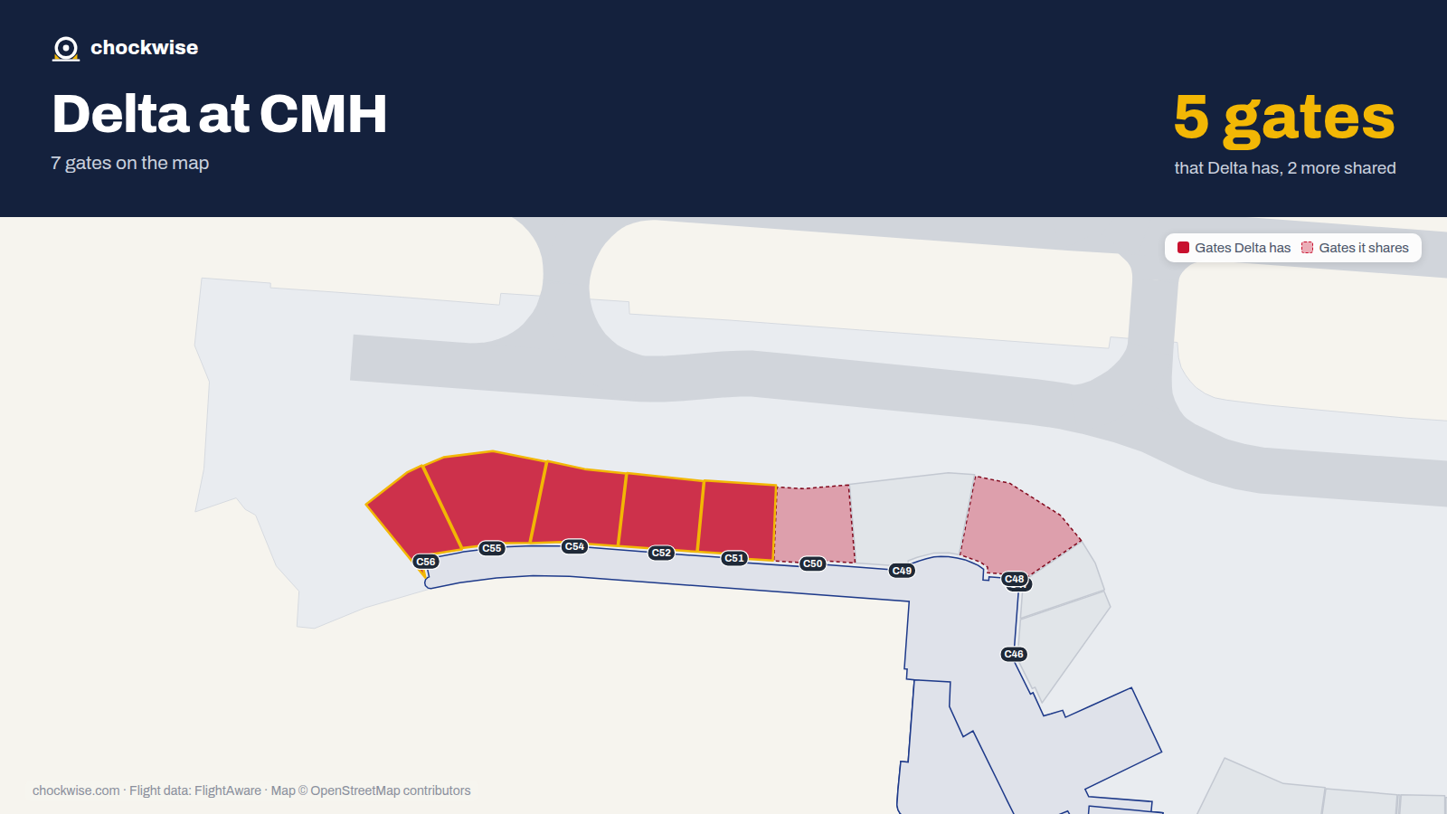 Map of CMH with the gates Delta Air Lines uses highlighted: C51, C52, C54, C55 and C56.