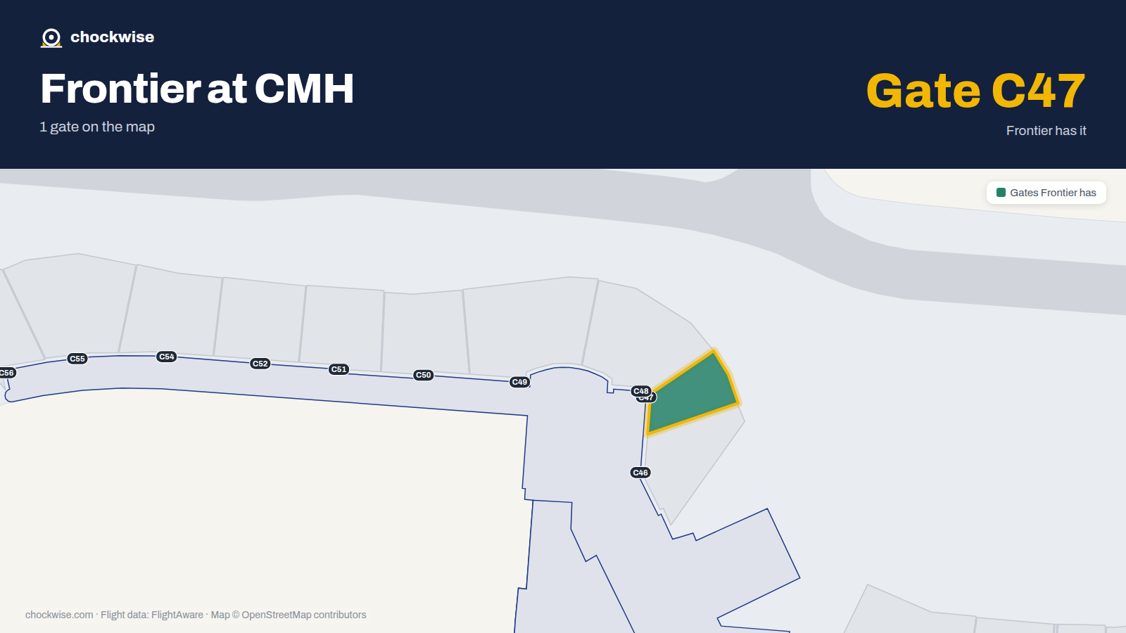 Map of CMH with the gates Frontier Airlines uses highlighted: C47.