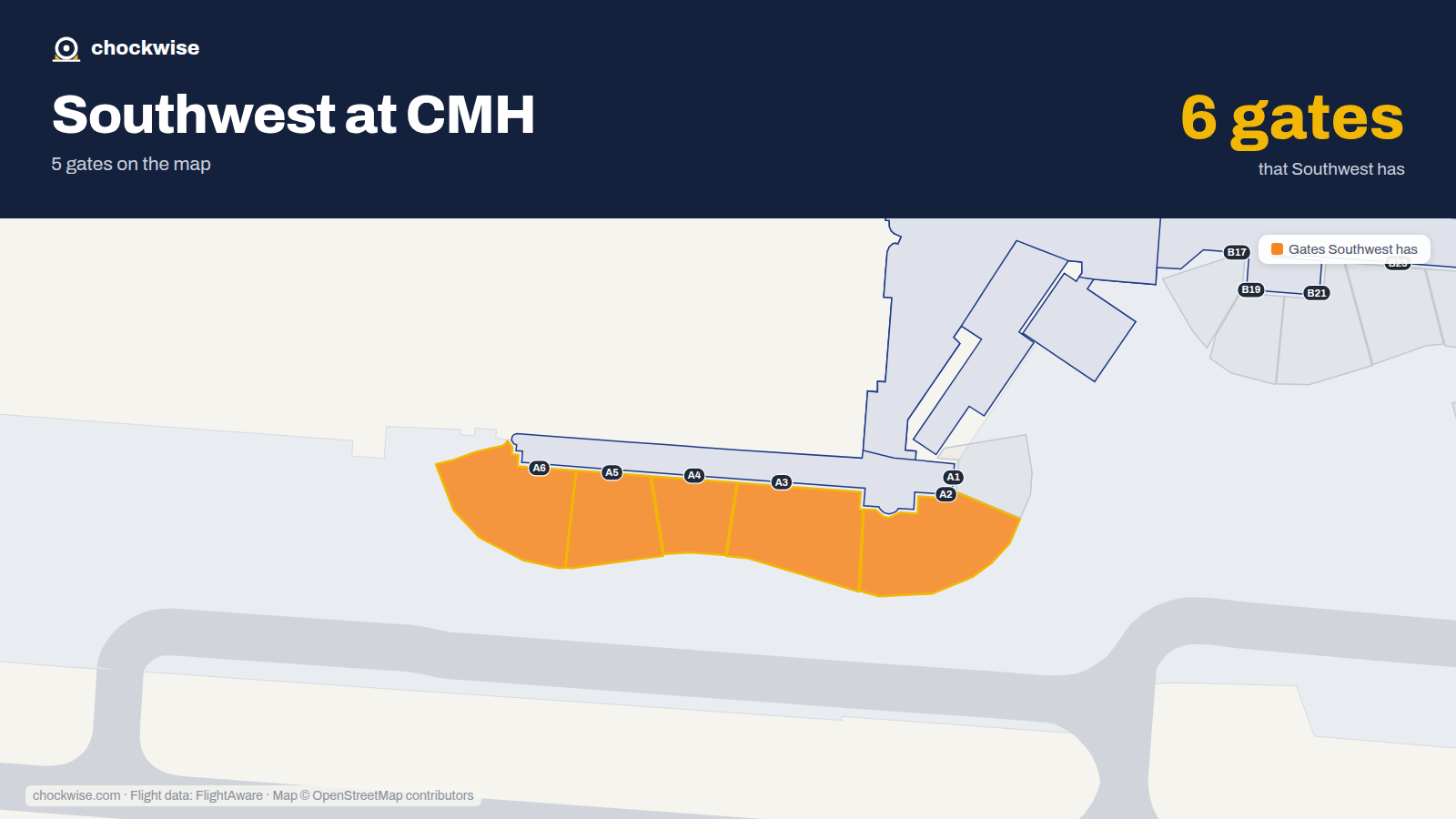 Map of CMH with the gates Southwest Airlines uses highlighted: A2, A3, A4, A5 and A6.
