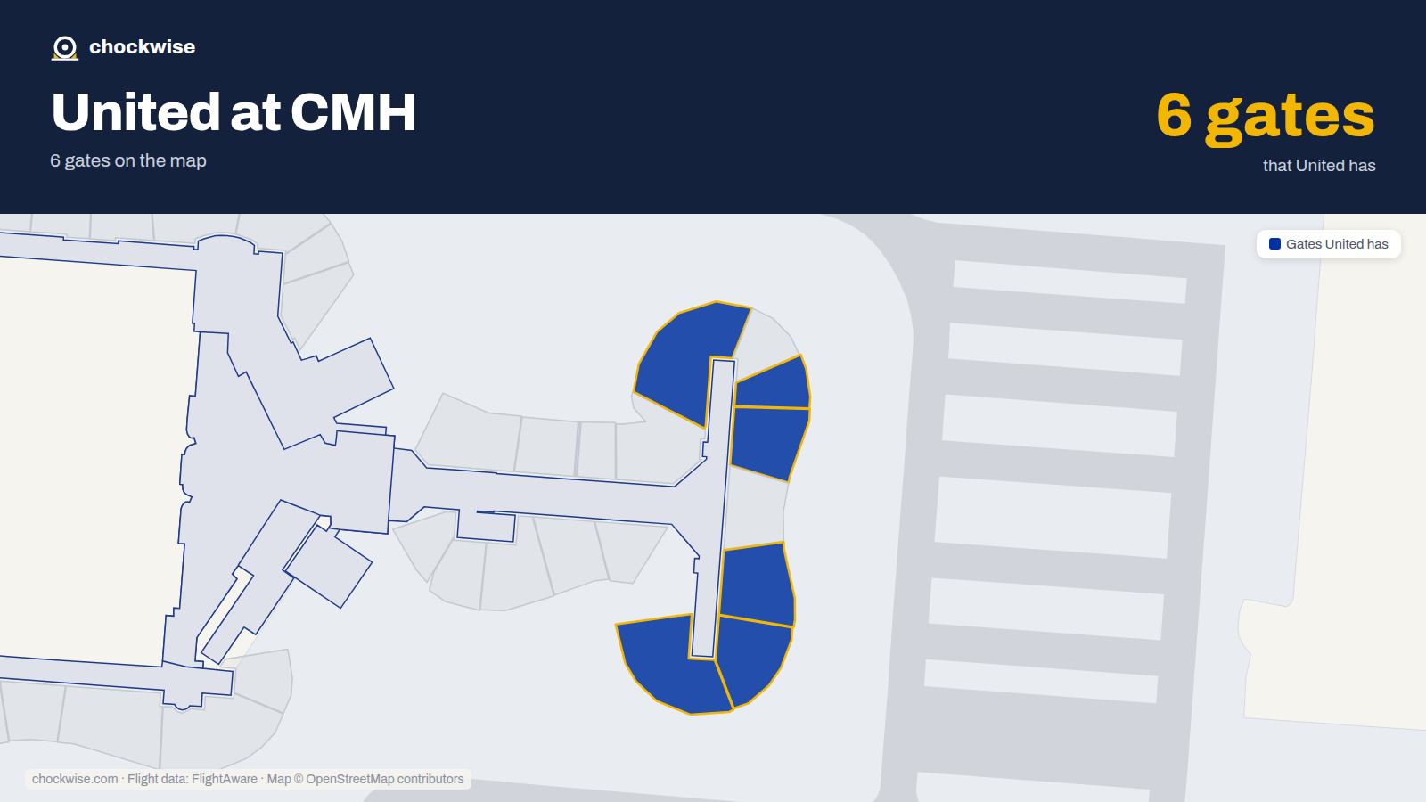Map of CMH with the gates United Airlines uses highlighted: B29, B31, B32, B34, B35 and B36.