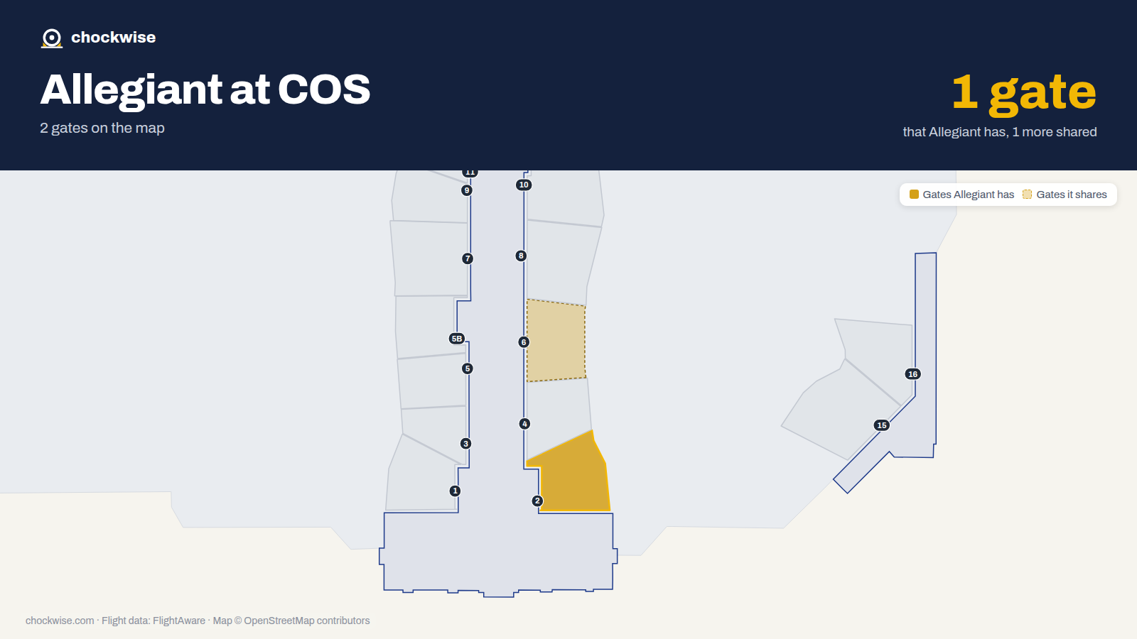 Map of COS with the gates Allegiant Air uses highlighted: 2.