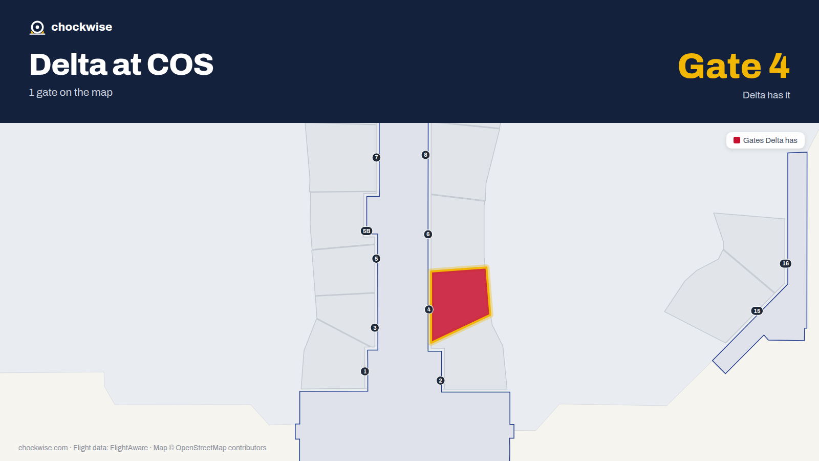 Map of COS with the gates Delta Air Lines uses highlighted: 4.