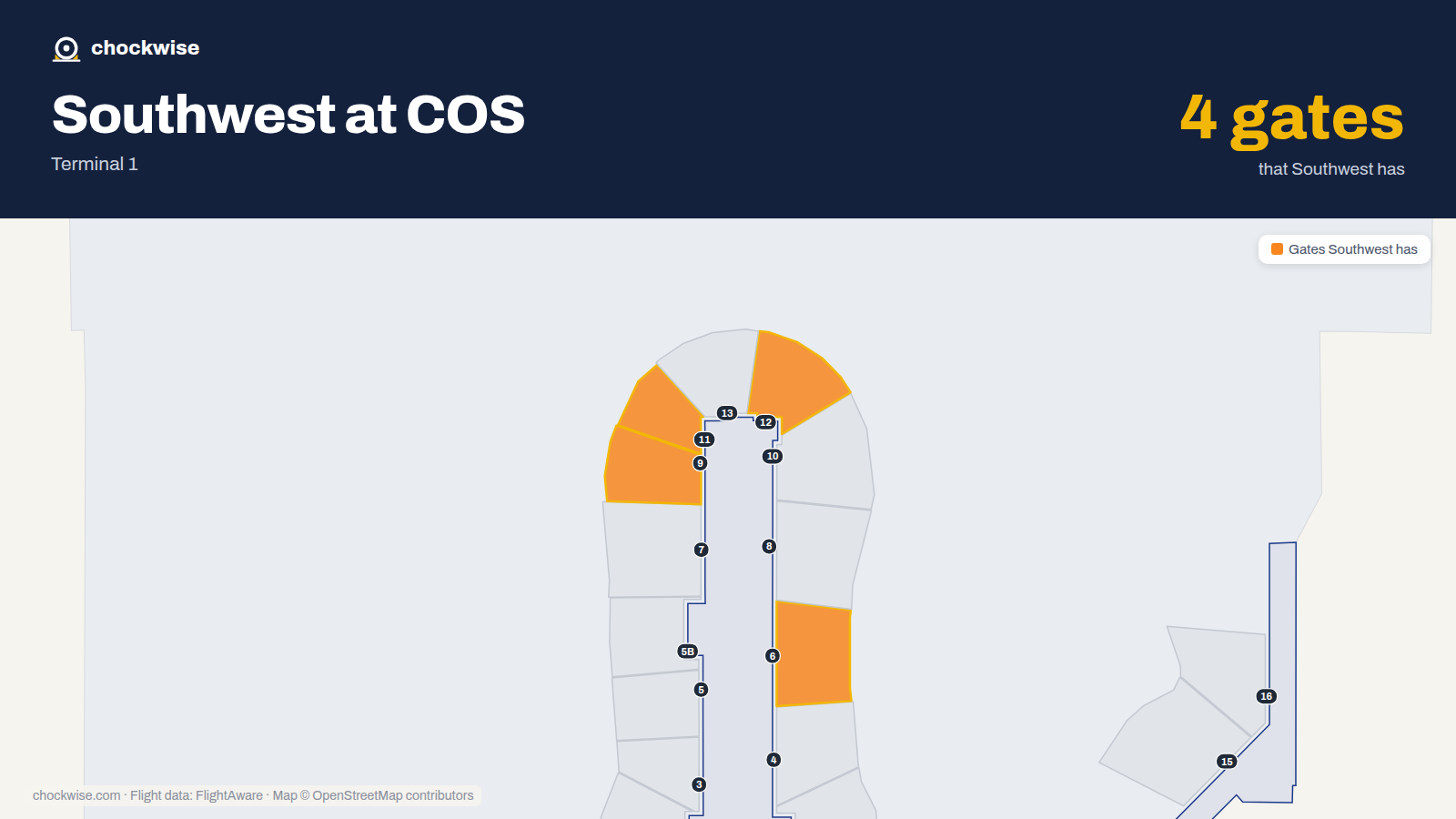 Map of COS with the gates Southwest Airlines uses highlighted: 6, 9, 11 and 12.