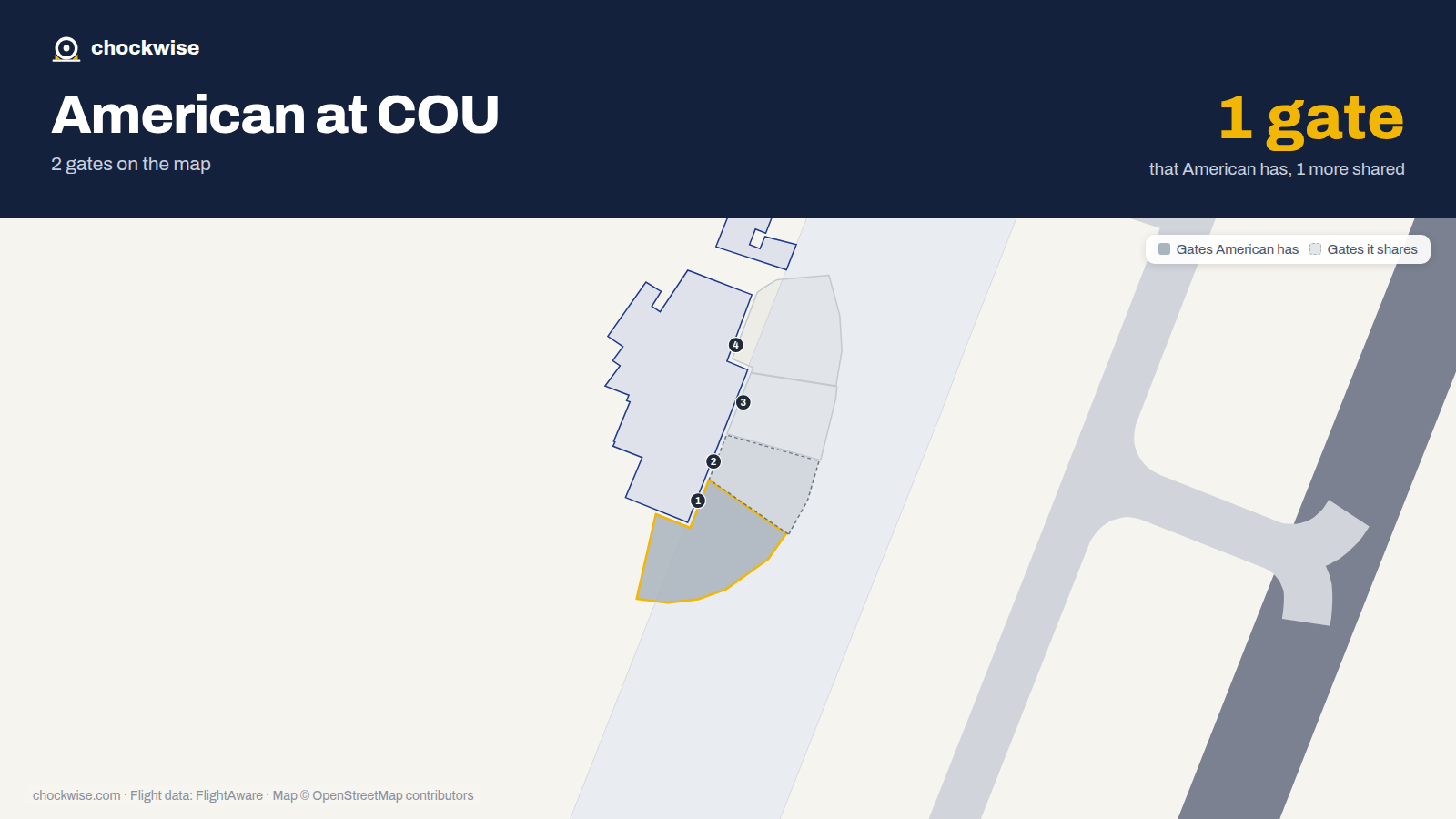 Map of COU with the gates American Airlines uses highlighted: 1.
