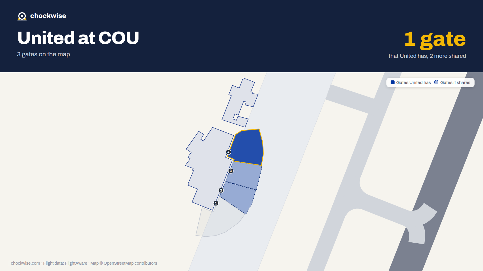 Map of COU with the gates United Airlines uses highlighted: 4.