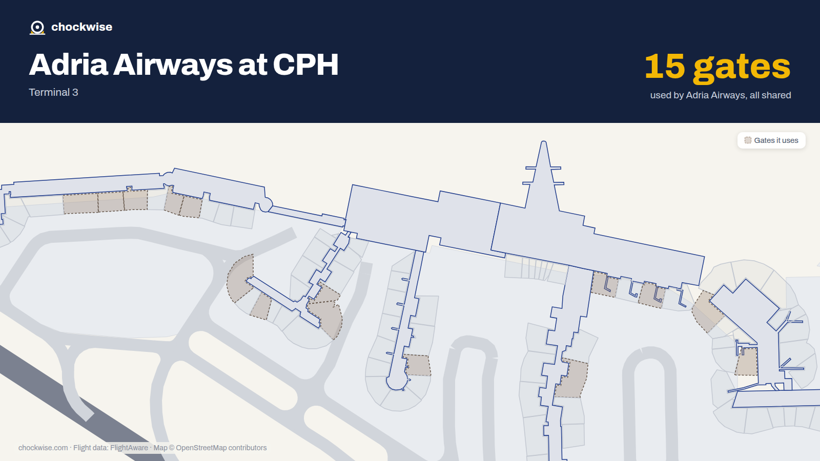 Map of CPH with the gates Adria Airways uses highlighted: D1, E2, D3, A9, B9, A11, A15, A17 and 7 more.