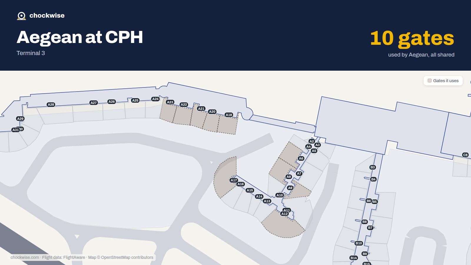Map of CPH with the gates Aegean Airlines uses highlighted: A6, A8, A9, A12, A17, A18, A20, A21 and 2 more.