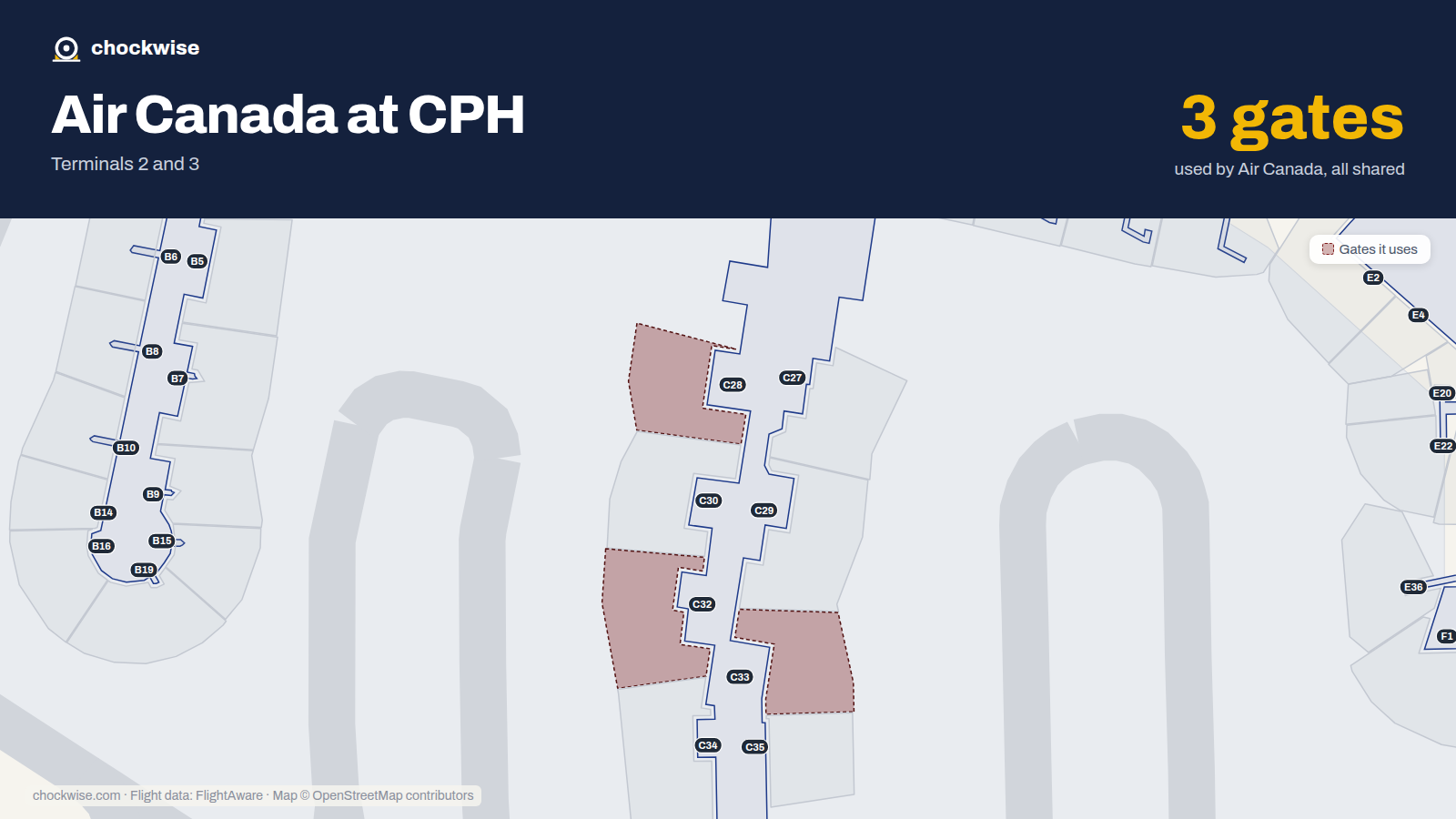 Map of CPH with the gates Air Canada uses highlighted: C28, C32 and C33.